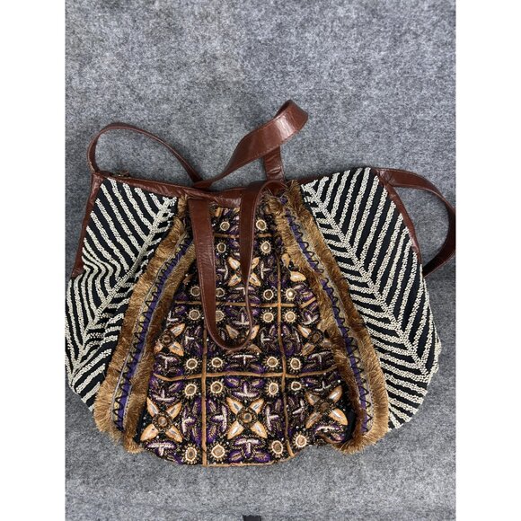 Anthropologie Beaded Shoulder Bag Womens Brown Leather Strap Zebra Boho Fringe - Picture 1 of 9